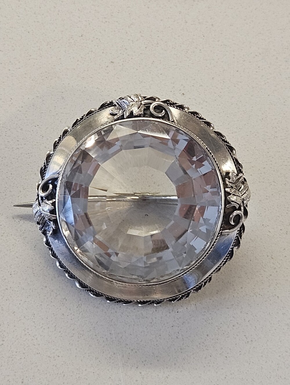 Antique Edwardian 58ct White Amethyst Sterling Silver Rock Crystal Brooch Pin